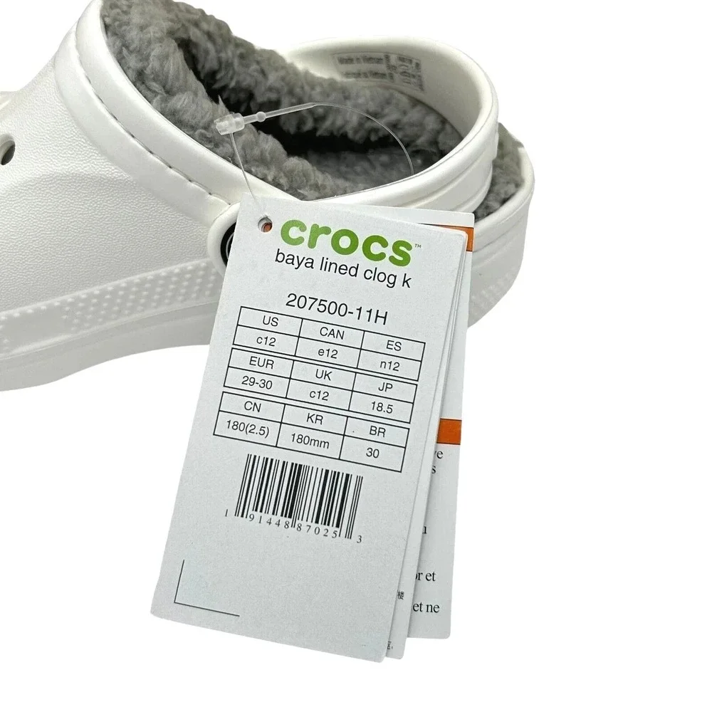 Crocs Baya Little Girls Boys Faux Fur Slip-on Clog Size 12 White-Gray Warm Shoes